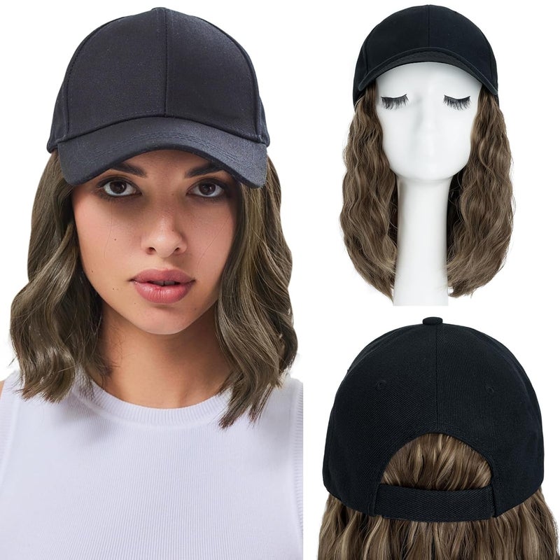Hairro Hairro Cap with Hair Attached For Women Wig Hat with Hair Short Bob style Synthetic Wavy Curly Adjustable Highlight Balayage Ball Cap Wiggy Hair Extensions 8" 180g #10P22T