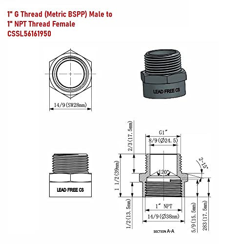 Cascada Showers Cascada G Thread (British BSPP) to NPT Thread Pipe Fitting Adapter - Lead-Free (Male x Female, 1"G Male x 1"NPT Female) - Image 2