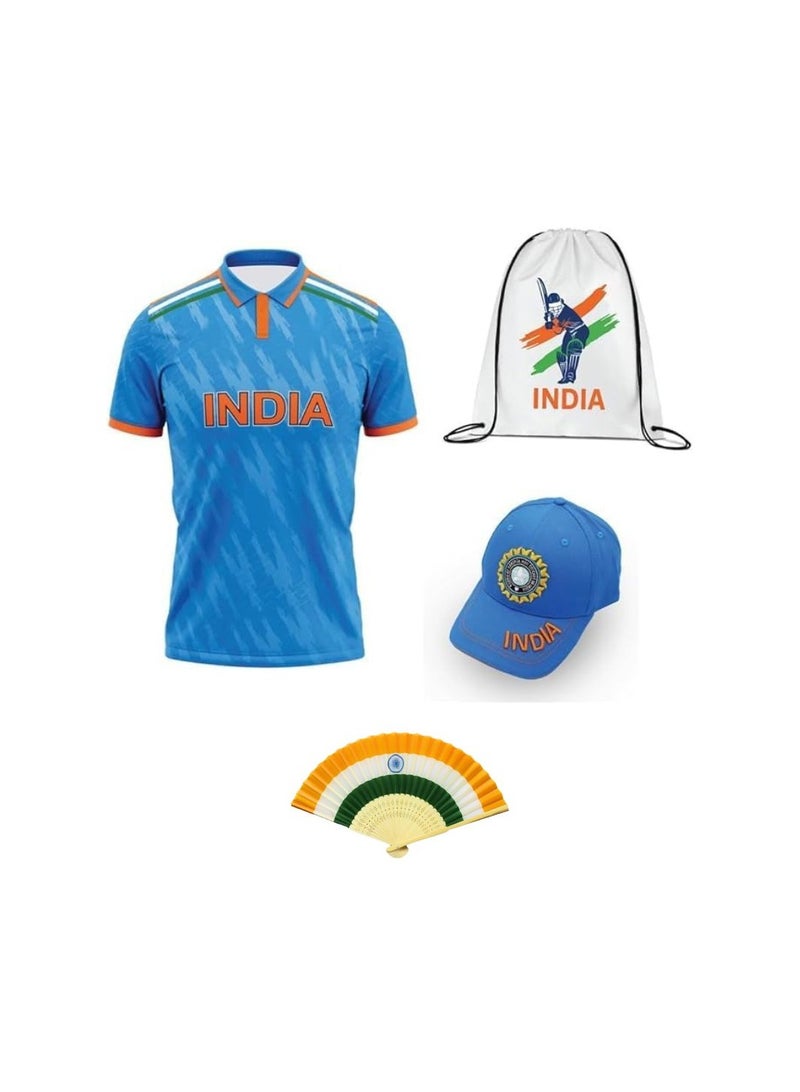 PRINTSHOP4ME India Cricket Combo–T-Shirt,Cap,Drawstring Bag&Hand Fan For Celebrations Match Days&Events  - Image 1