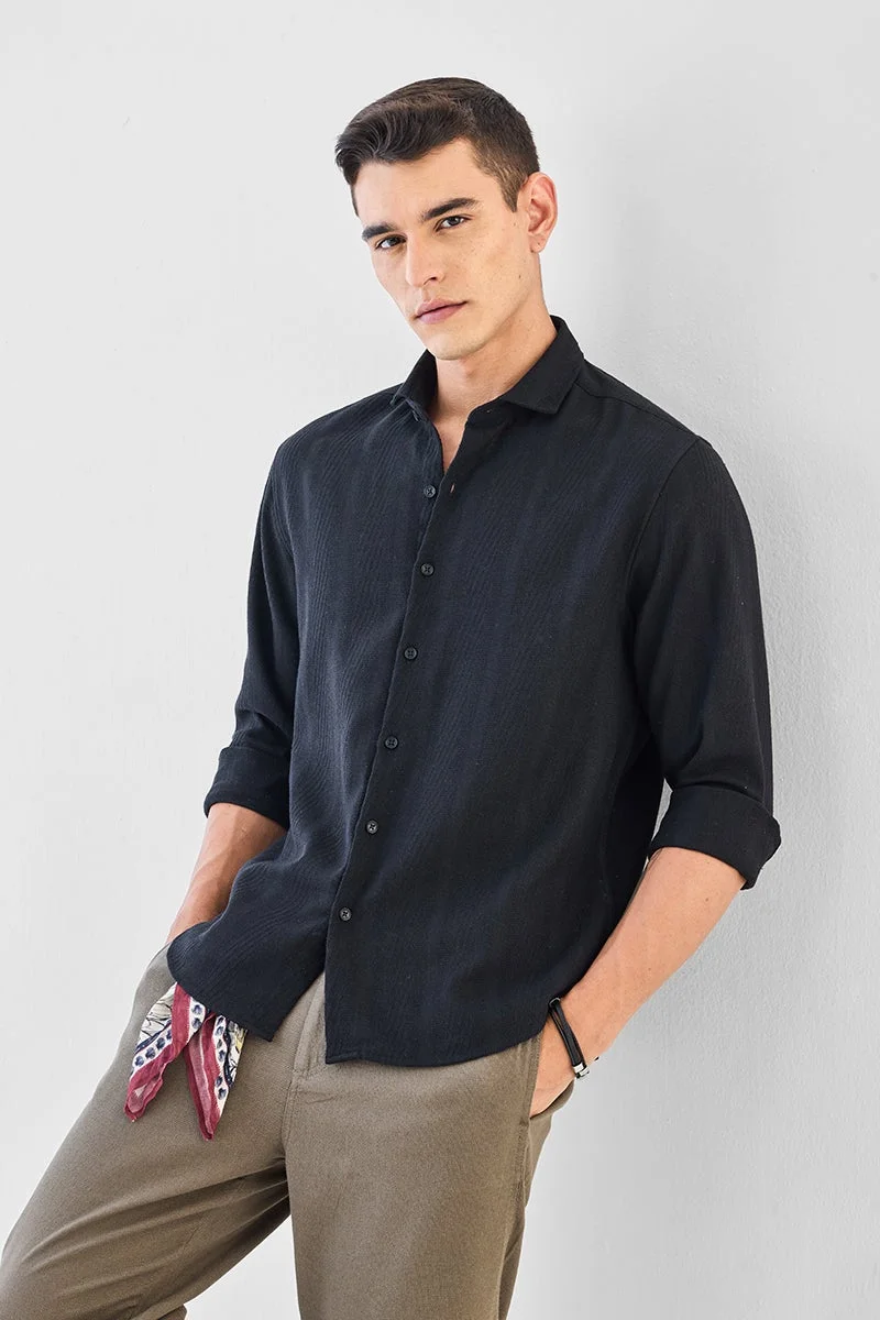 سنيتش Black Textured Long Sleeve Regular Fit Shirt
