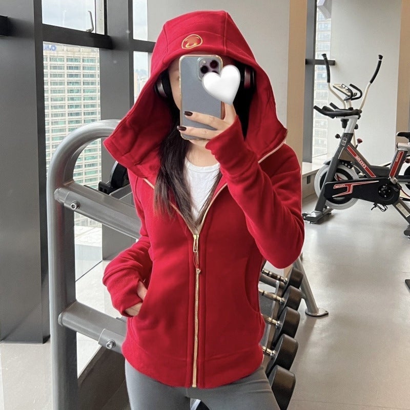 Women's Slim Fit Hooded Fleece-Lined Zip-Up Cotton Yoga Jacket - Image 4