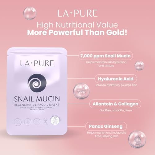 LA PURE Snail Mucin Mask – 10ct Korean Sheet Mask Pack for Signs of Aging, Aid Skin Repair & Hydration – Pure Snail Mask for Face with Collagen & Hyaluronic Acid – Cruelty-Free Hydrating Sheet Mask - Image 5
