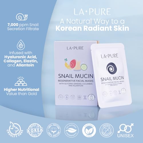 LA PURE Snail Mucin Mask – 10ct Korean Sheet Mask Pack for Signs of Aging, Aid Skin Repair & Hydration – Pure Snail Mask for Face with Collagen & Hyaluronic Acid – Cruelty-Free Hydrating Sheet Mask - Image 4