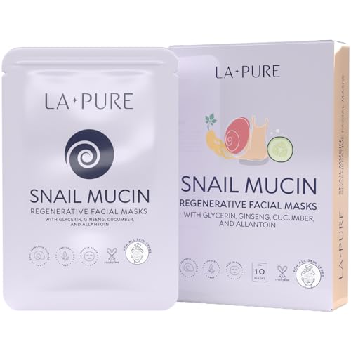 LA PURE Snail Mucin Mask – 10ct Korean Sheet Mask Pack for Signs of Aging, Aid Skin Repair & Hydration – Pure Snail Mask for Face with Collagen & Hyaluronic Acid – Cruelty-Free Hydrating Sheet Mask - Image 1