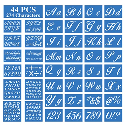SACATR Letter Stencils For Painting On Wood-Alphabet Stencils With Calligraphy Font Upper&Lowercase Letters-Reusable Plastic Art Craft Stencils With Numbers&Signs-Set Of 44 Pcs-274 Designs - Image 1
