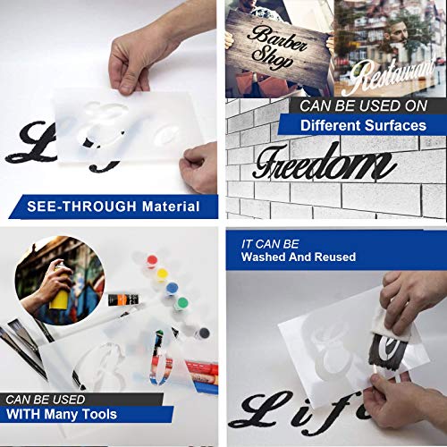 SACATR Letter Stencils For Painting On Wood-Alphabet Stencils With Calligraphy Font Upper&Lowercase Letters-Reusable Plastic Art Craft Stencils With Numbers&Signs-Set Of 44 Pcs-274 Designs - Image 2