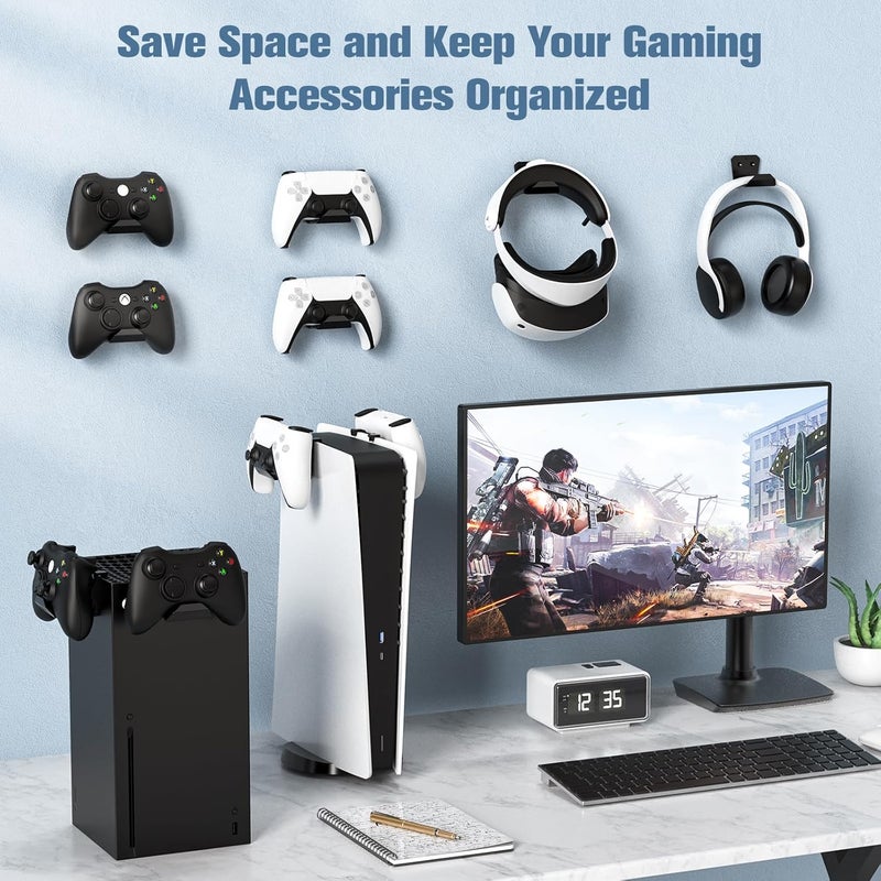 KUNSLUCK 4 Pack Controller Wall Mount for PS5, Xbox, Switch Controller,Wall Mount Stand for Controller&Headset, Adhesive/Screws Installation (Black) Care processed raw material - Image 2
