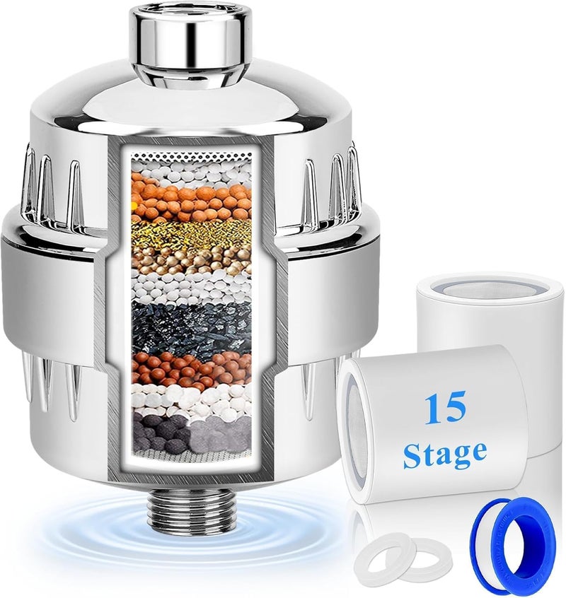 Yamatic 15 Stage Filtered Shower Head, High Pressure Hard Water Softener Showerhead with Filter Cartridge for Hard Water Remove Chlorine and Harmful Substances (15-stage filter element) - Image 1