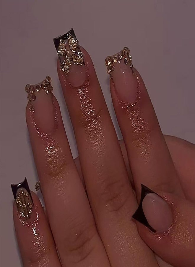 FDSQHSA 24pcs Black French Tip Press On Nails Short Square Gold 3D Bow False Nails with Gold Dollar Rhinestones Nail Tips Design Bow Acrylic Nails Supplies French Full Cover Glue on Nails for Women - Image 1