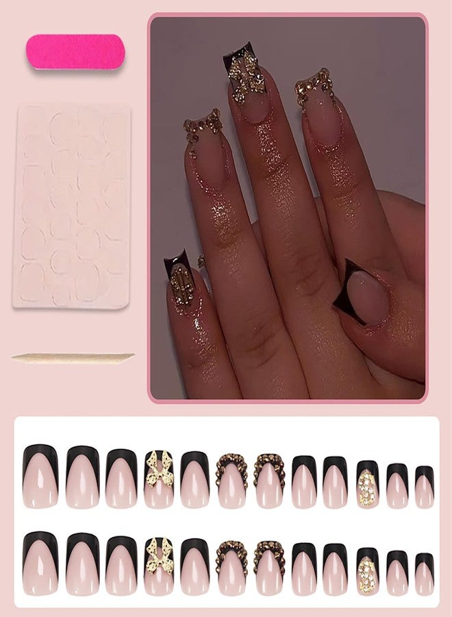 FDSQHSA 24pcs Black French Tip Press On Nails Short Square Gold 3D Bow False Nails with Gold Dollar Rhinestones Nail Tips Design Bow Acrylic Nails Supplies French Full Cover Glue on Nails for Women - Image 2