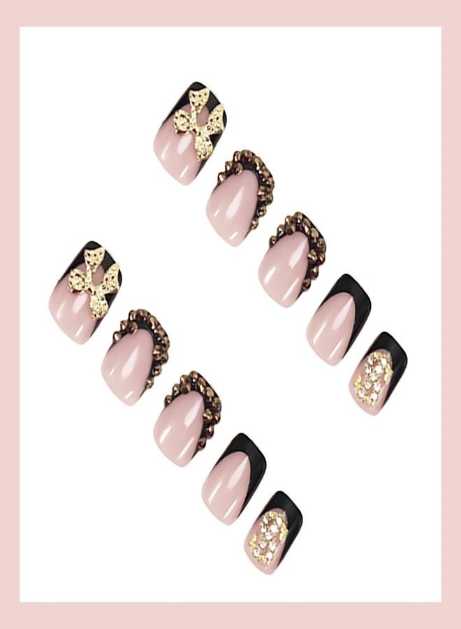 FDSQHSA 24pcs Black French Tip Press On Nails Short Square Gold 3D Bow False Nails with Gold Dollar Rhinestones Nail Tips Design Bow Acrylic Nails Supplies French Full Cover Glue on Nails for Women - Image 3