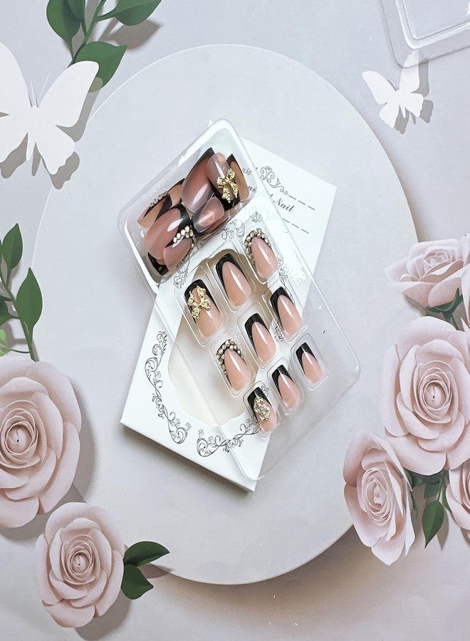 FDSQHSA 24pcs Black French Tip Press On Nails Short Square Gold 3D Bow False Nails with Gold Dollar Rhinestones Nail Tips Design Bow Acrylic Nails Supplies French Full Cover Glue on Nails for Women - Image 5