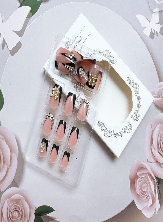FDSQHSA 24pcs Black French Tip Press On Nails Short Square Gold 3D Bow False Nails with Gold Dollar Rhinestones Nail Tips Design Bow Acrylic Nails Supplies French Full Cover Glue on Nails for Women - Image 4