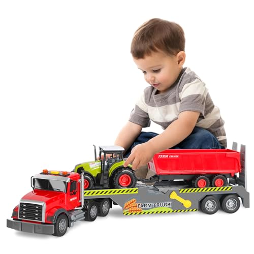 UFLJPKS Farm Semi Trailer Truck Toy Large Flatbed Truck Carrier with Hauls Animal Trailer and Tractor Lights and Sounds Birthday for Kids Boys Age 3 4 5 6 - Image 1