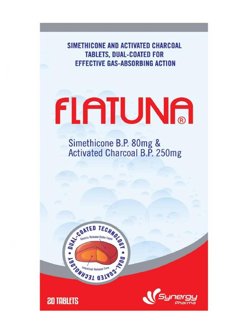 FLATUNA 20 Tablets Dual Coated For Effective Gas Absorping Action 