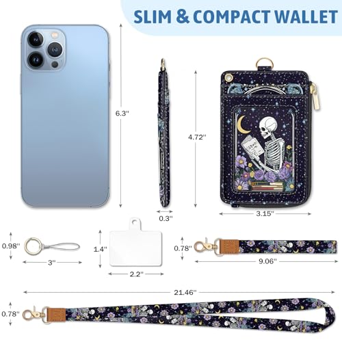 Piefly Goth Skeleton Book Lanyard Wallet with ID Badge Holder, Flowers Moon Star Small RFID Wallet Women Keychain Wristlet, Slim Credit Card Holder with Zipper Pocket Phone Lanyard Wrist Strap Office Teacher - Image 4