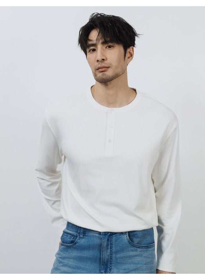 roaiss Men's Henley Neck Long-Sleeved Fitted Base Layer Shirt, Mature-Looking Pullover Crew Neck Top, Cotton Blend Wrinkle-Free Moisture-Wicking T-Shirt, White - Image 1