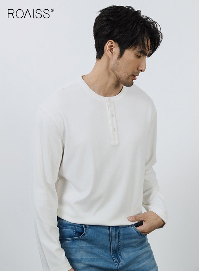 roaiss Men's Henley Neck Long-Sleeved Fitted Base Layer Shirt, Mature-Looking Pullover Crew Neck Top, Cotton Blend Wrinkle-Free Moisture-Wicking T-Shirt, White - Image 2