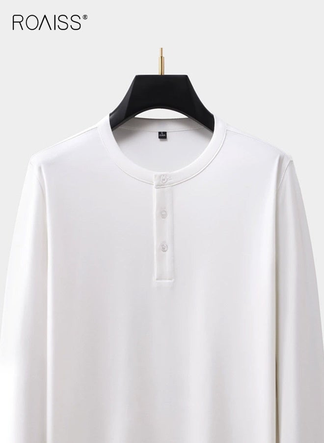 roaiss Men's Henley Neck Long-Sleeved Fitted Base Layer Shirt, Mature-Looking Pullover Crew Neck Top, Cotton Blend Wrinkle-Free Moisture-Wicking T-Shirt, White - Image 4