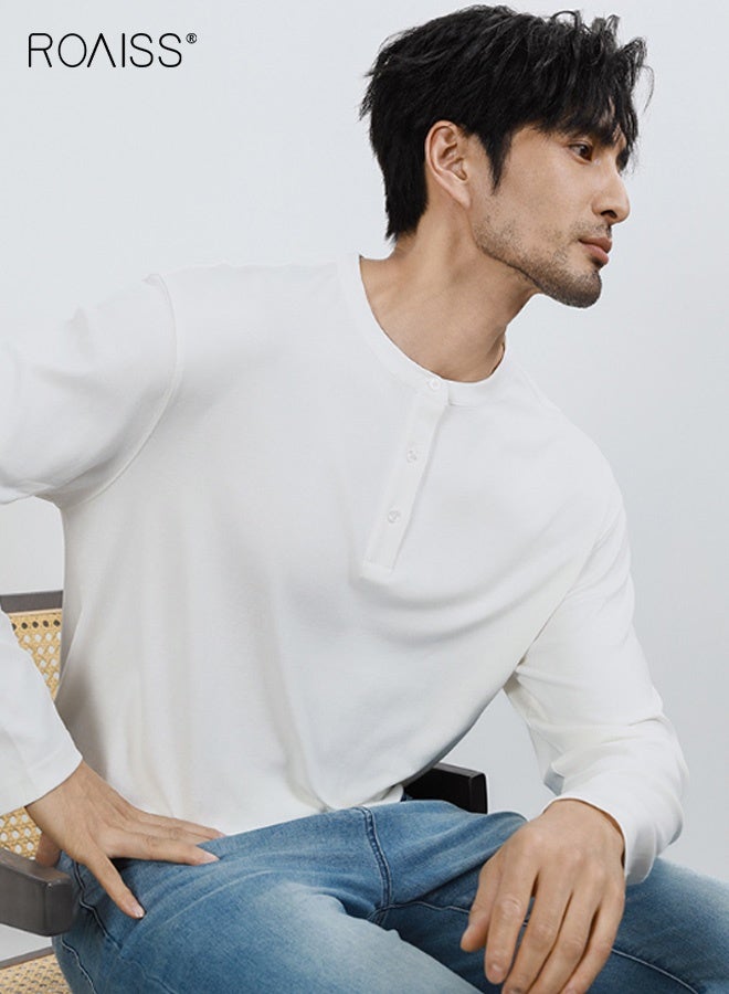 roaiss Men's Henley Neck Long-Sleeved Fitted Base Layer Shirt, Mature-Looking Pullover Crew Neck Top, Cotton Blend Wrinkle-Free Moisture-Wicking T-Shirt, White - Image 3