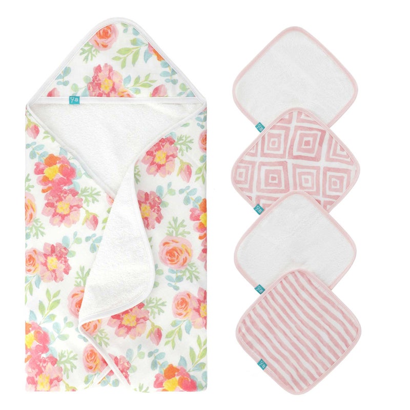 Featherheadâ„¢ 5-Piece 100% Cotton Muslin Hooded Bath Towel & Washcloths Set for Baby Girl - Ultra Soft and Extra Absorbent - Newborn Essential & Perfect Baby Registry Gift (Garden Floral) - Image 1
