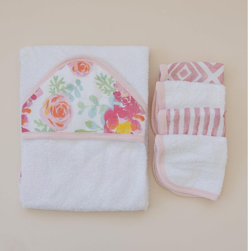Featherheadâ„¢ 5-Piece 100% Cotton Muslin Hooded Bath Towel & Washcloths Set for Baby Girl - Ultra Soft and Extra Absorbent - Newborn Essential & Perfect Baby Registry Gift (Garden Floral) - Image 3