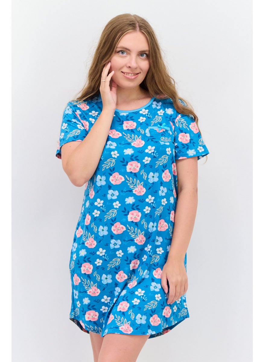 PJ Couture - Women Floral Print Short Sleeve Sleepwear Dress, Turquoise - Image 1