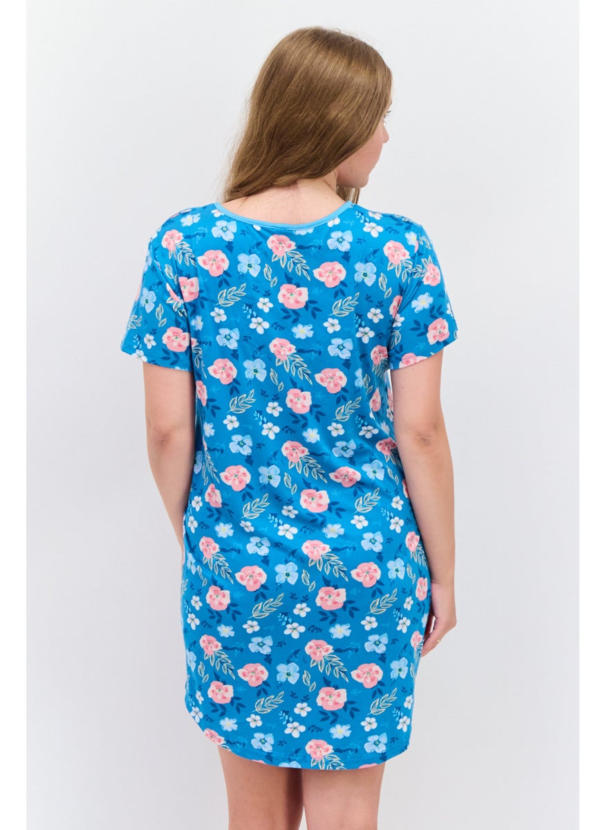 PJ Couture - Women Floral Print Short Sleeve Sleepwear Dress, Turquoise - Image 1