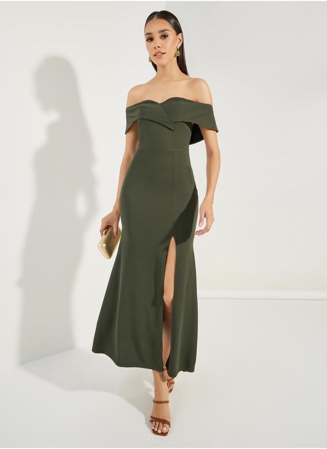 Styli Off Shoulder Sheath Maxi Dress with Front Split  - Image 1