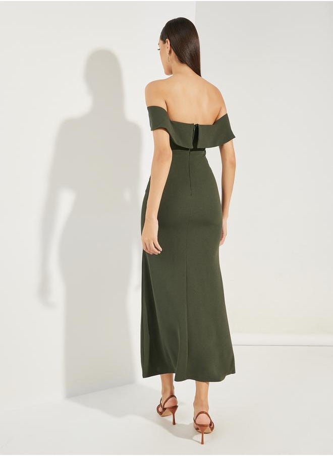 Styli Off Shoulder Sheath Maxi Dress with Front Split  - Image 4
