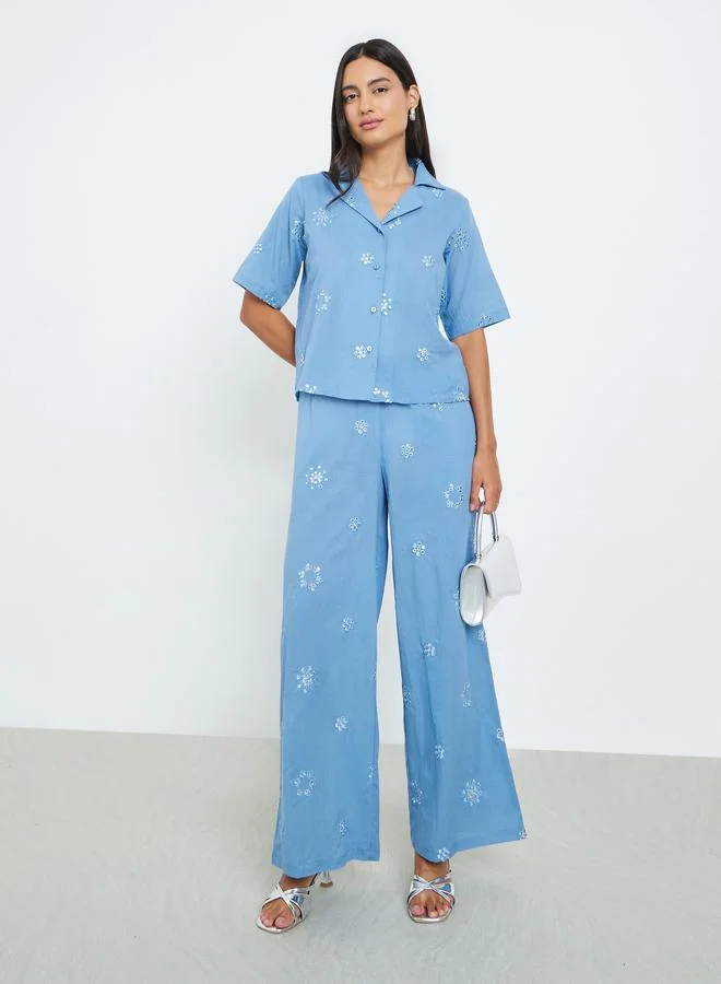 Styli  Blue Embroidered Cotton Shirt and Pants Co-ords for Women | Best Price UAE