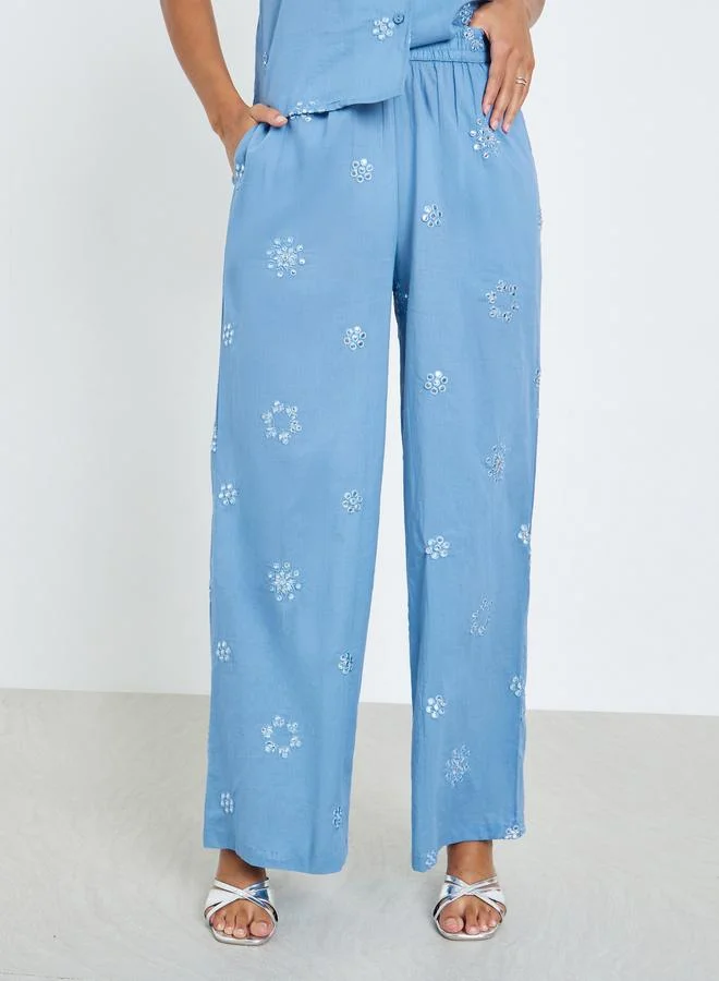 Styli  Blue Embroidered Cotton Shirt and Pants Co-ords for Women | Best Price UAE