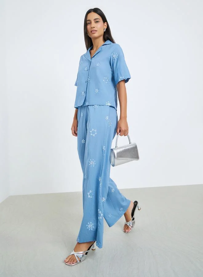 Blue Embroidered Cotton Shirt and Pants Co-ords