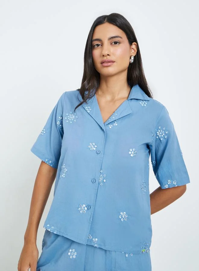 Styli  Blue Embroidered Cotton Shirt and Pants Co-ords for Women | Best Price UAE