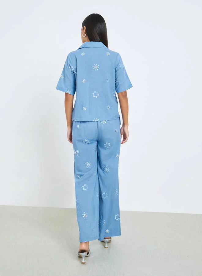 Styli  Blue Embroidered Cotton Shirt and Pants Co-ords for Women | Best Price UAE