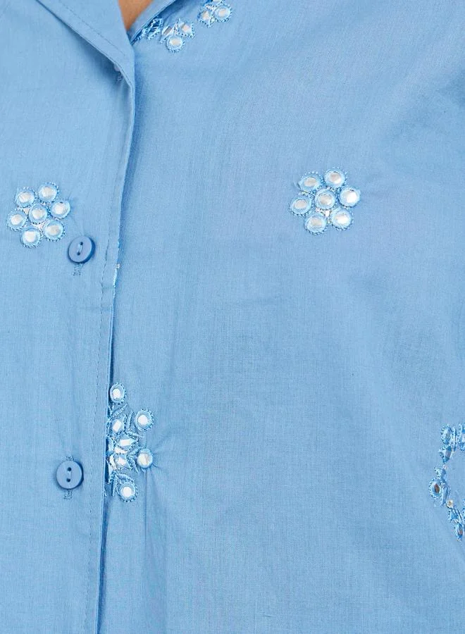 Styli  Blue Embroidered Cotton Shirt and Pants Co-ords for Women | Best Price UAE