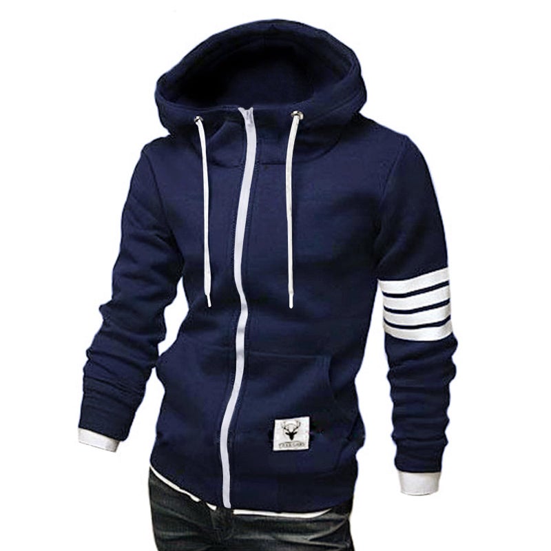 ZUEVI Men's Hoodies Casual Striped Drawstring Hoodie Fleece Sweatshirt Zipper Closure Slim Fit Jackets With Pockets (Navy Blue-XL) - Image 1