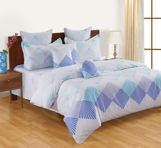 250 TC GEOMETRIC PRINT COTTON SATIN DOUBLE BED SHEET WITH 2 PILLOW COVER - WHITE, BLUE (15059)