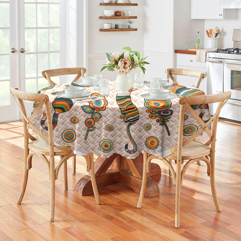 Arroganttiom Round Tablecloth 60 inch, Boho Nation Round Table Cloth, Stain Resistance Water Repellent Wrinkle-Free, Vintage Cat Circle Tablecloth for Home Kitchen Dining Party Patio Indoor Outdoor - Image 5