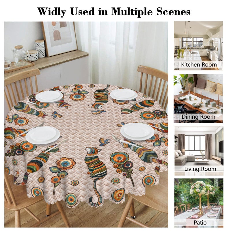 Arroganttiom Round Tablecloth 60 inch, Boho Nation Round Table Cloth, Stain Resistance Water Repellent Wrinkle-Free, Vintage Cat Circle Tablecloth for Home Kitchen Dining Party Patio Indoor Outdoor - Image 3
