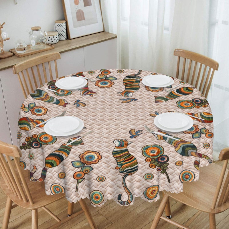 Arroganttiom Round Tablecloth 60 inch, Boho Nation Round Table Cloth, Stain Resistance Water Repellent Wrinkle-Free, Vintage Cat Circle Tablecloth for Home Kitchen Dining Party Patio Indoor Outdoor - Image 1