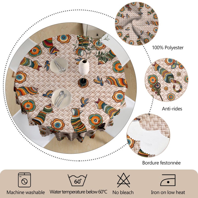 Arroganttiom Round Tablecloth 60 inch, Boho Nation Round Table Cloth, Stain Resistance Water Repellent Wrinkle-Free, Vintage Cat Circle Tablecloth for Home Kitchen Dining Party Patio Indoor Outdoor - Image 2
