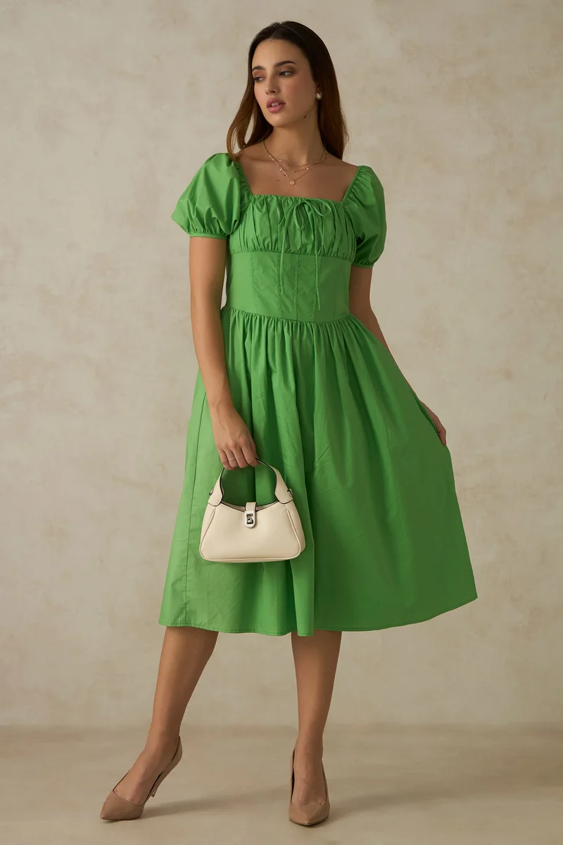 فيرجيو Solid Cotton Midi Length Milkmaid Dress for Women