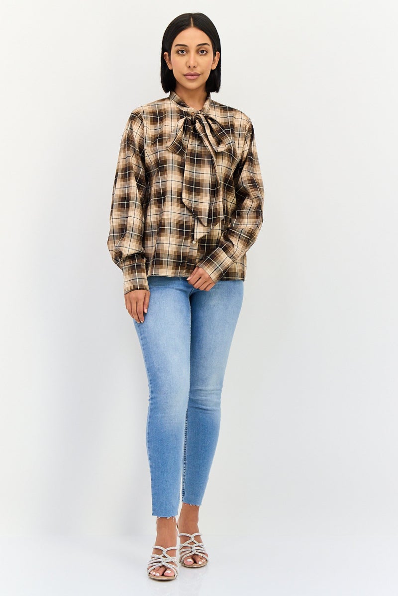 Threadbare Women Tie Neckline Long Sleeves Plaid Shirt, Multicolor - Image 4