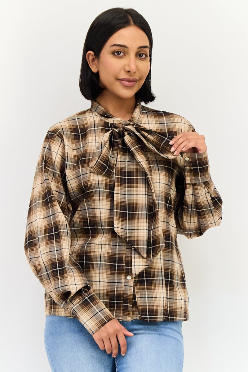 Threadbare Women Tie Neckline Long Sleeves Plaid Shirt, Multicolor - Image 1
