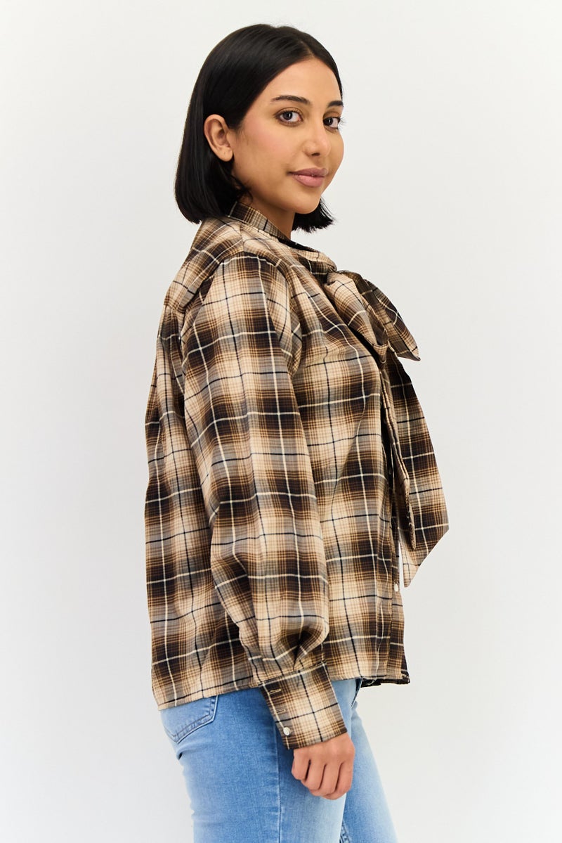 Threadbare Women Tie Neckline Long Sleeves Plaid Shirt, Multicolor - Image 2