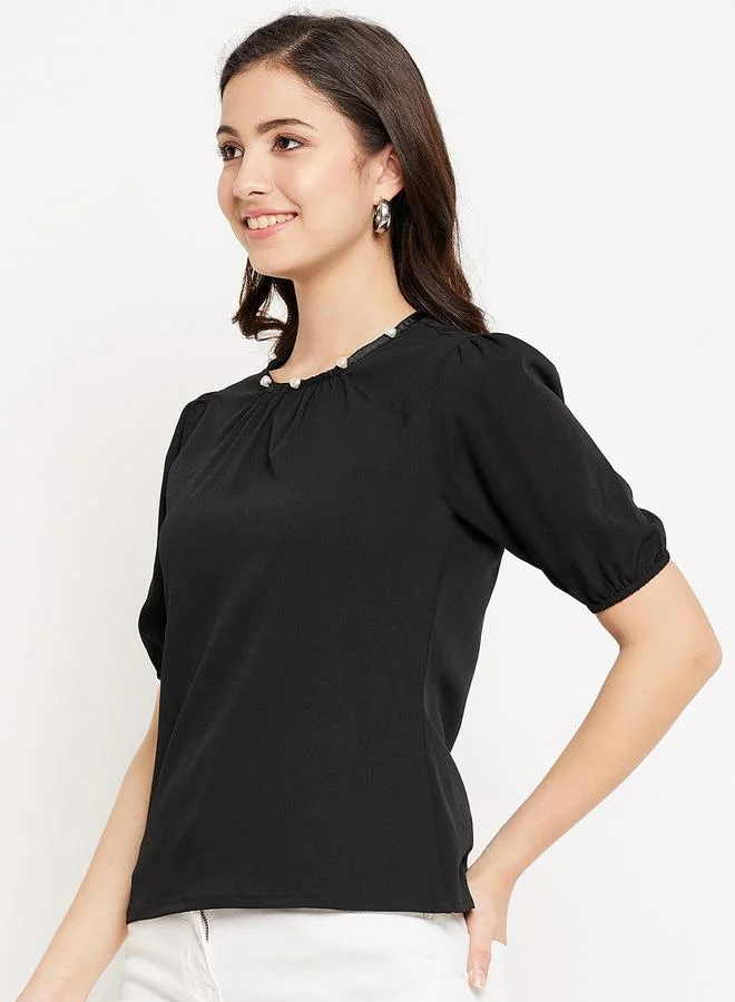 WineRed Women Black Puff Sleeve Top