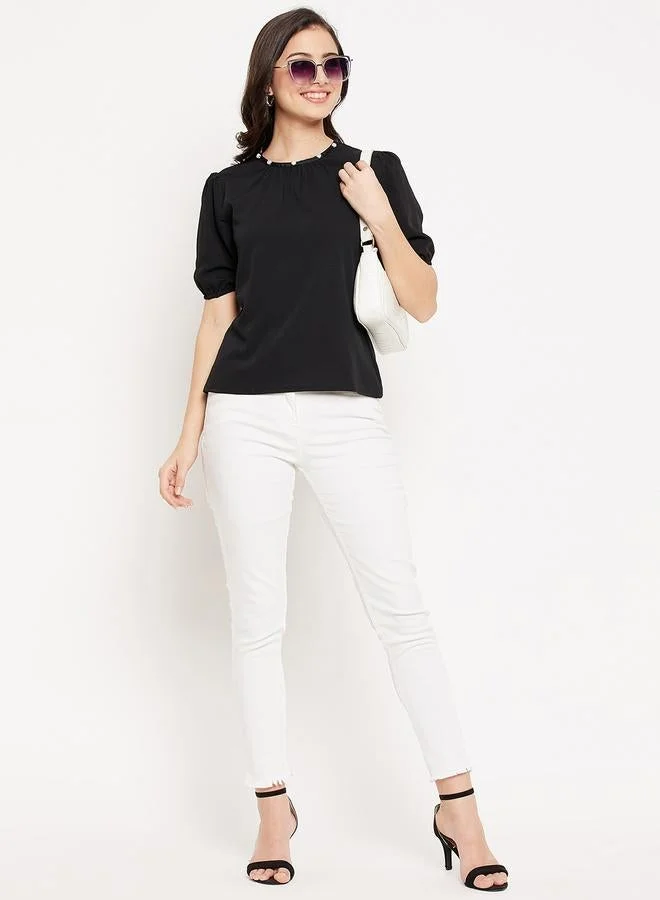WineRed Women Black Puff Sleeve Top
