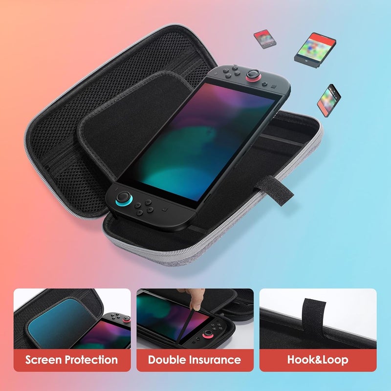 Lention Switch 2 Carrying Travel Case, Hard Shell Storage for Nintendo Switch 2, Console & Accessories. Holds 10 Game Cards, with Screen Padding. Slim, Compact, Lightweight for Travel (Grey) - Image 2