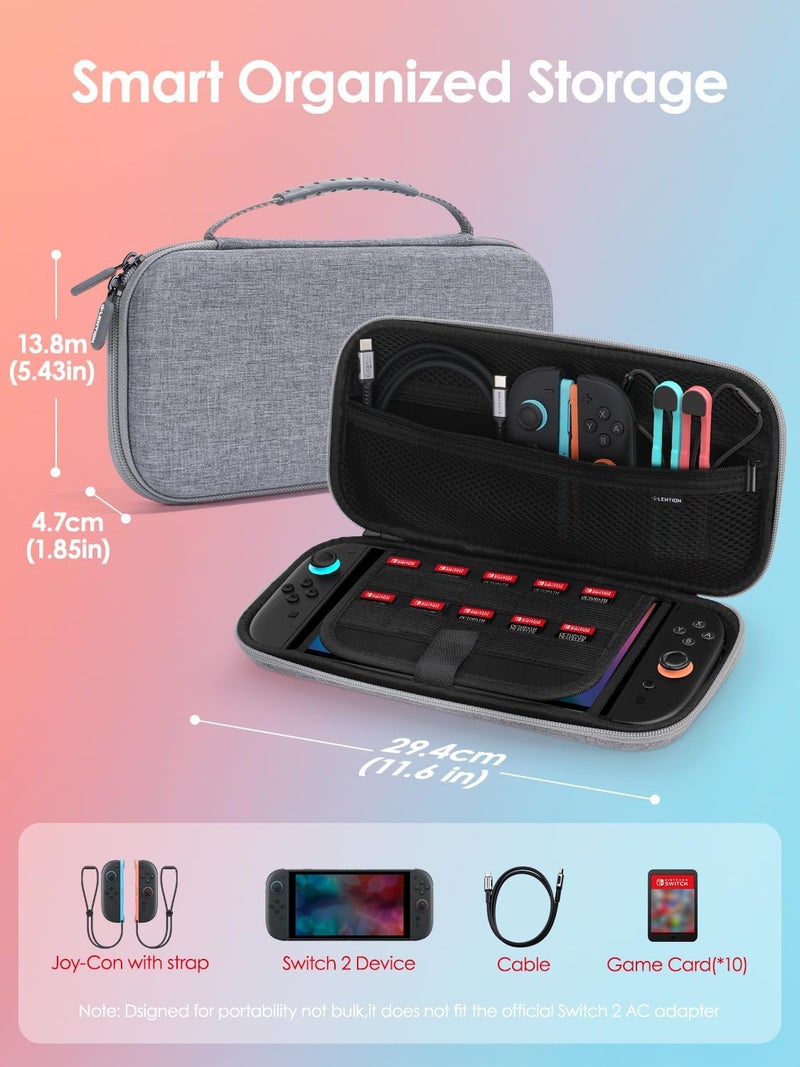 Lention Switch 2 Carrying Travel Case, Hard Shell Storage for Nintendo Switch 2, Console & Accessories. Holds 10 Game Cards, with Screen Padding. Slim, Compact, Lightweight for Travel (Grey) - Image 4